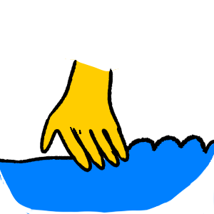 in the middle is a yellow hand on a blue surface, on the left of the hand the surface is smooth and on the right it is bumpy